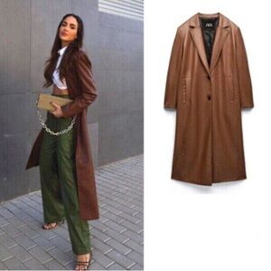 ZARA Long faux leather‎ tan trench coat winter outfits